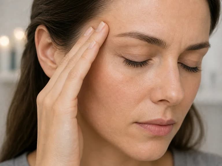 Ruhige medizinische Darstellung einer Patientin mit Fokus auf Stirn und Schläfen bei chronischer Migräne
